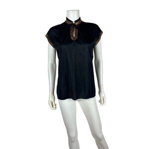 Vintage 60s Asian Motif Top Womens M Gold Metallic Embroidered Keyhole Neckline